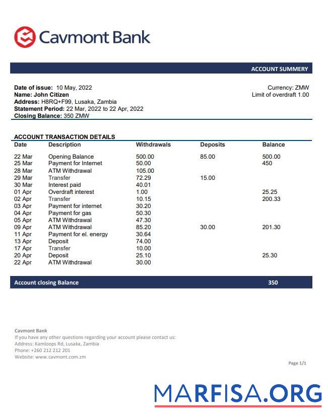Realistic Zambia Cavmont bank statement word example